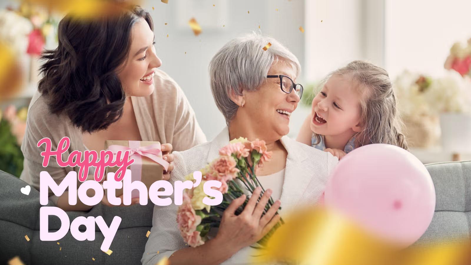 A smiling Mother’s Day banner featuring three generations smiling together with flowers, gift box and balloons celebrating family love and togetherness.man holding pastel-colored balloons stands beside a pool, with a large colorful balloon arch and surfboard decorations in the background. Text on the image reads “Summer Party” and “Shop Now!”