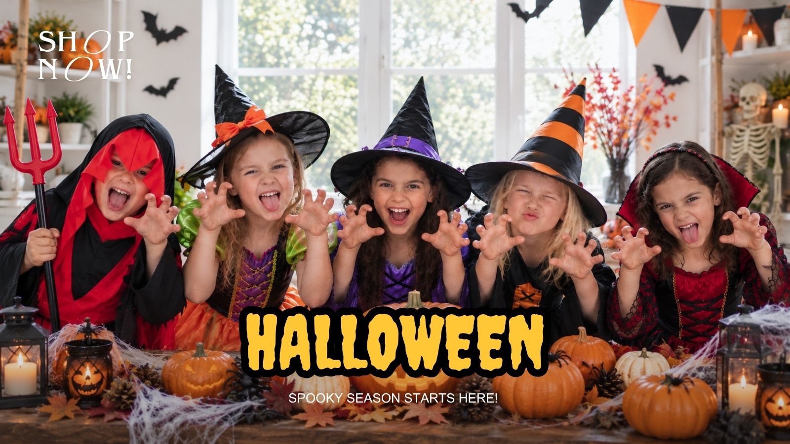 Kids in Halloween costumes posing behind carved pumpkins.
