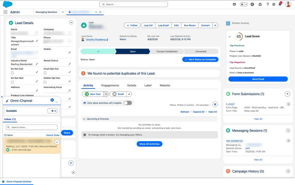 Salesforce lead record with Einstein lead score and inbound messaging session