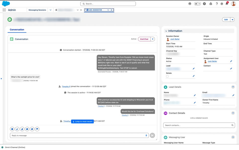 Salesforce messaging session showing an automated SMS and rep takeover