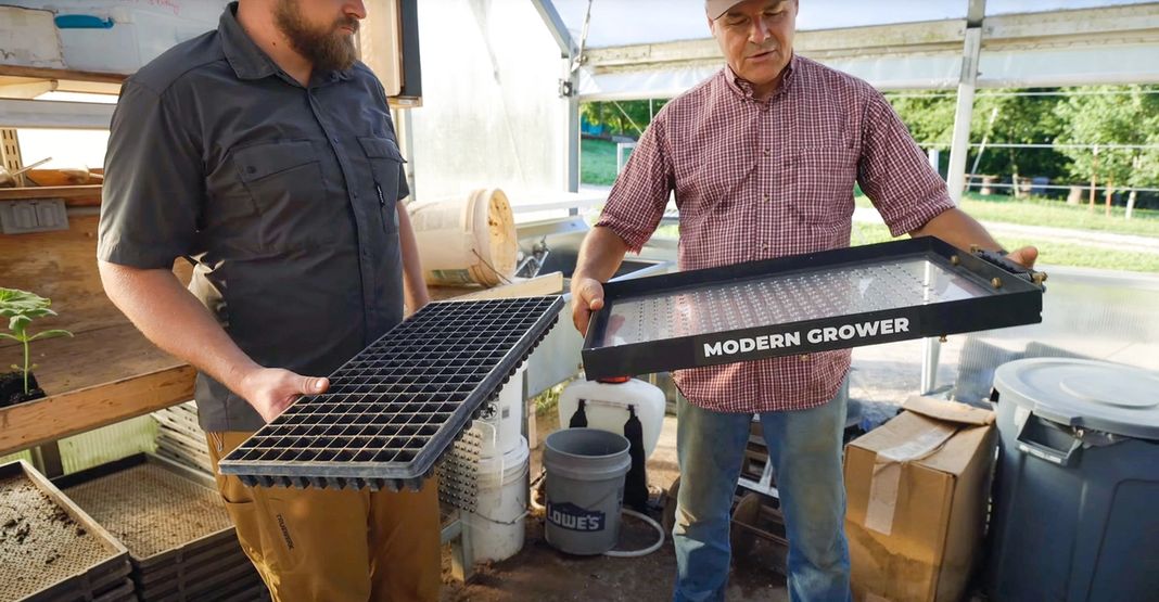 Drop seeder and 200-cell plug tray for planting Salanova