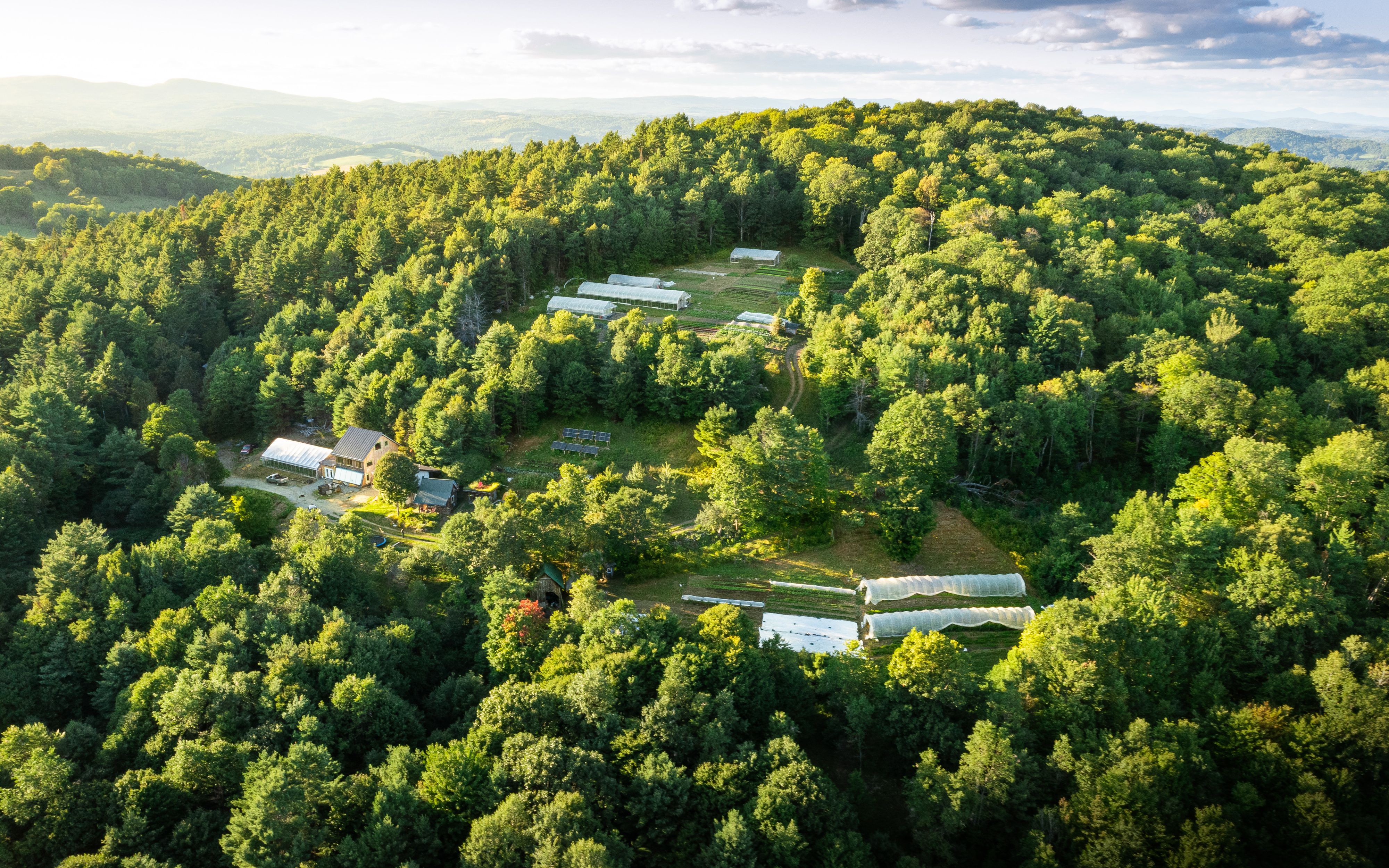 Small farm with caterpillar tunnel greenhouses nestled in the green trees in Vermont