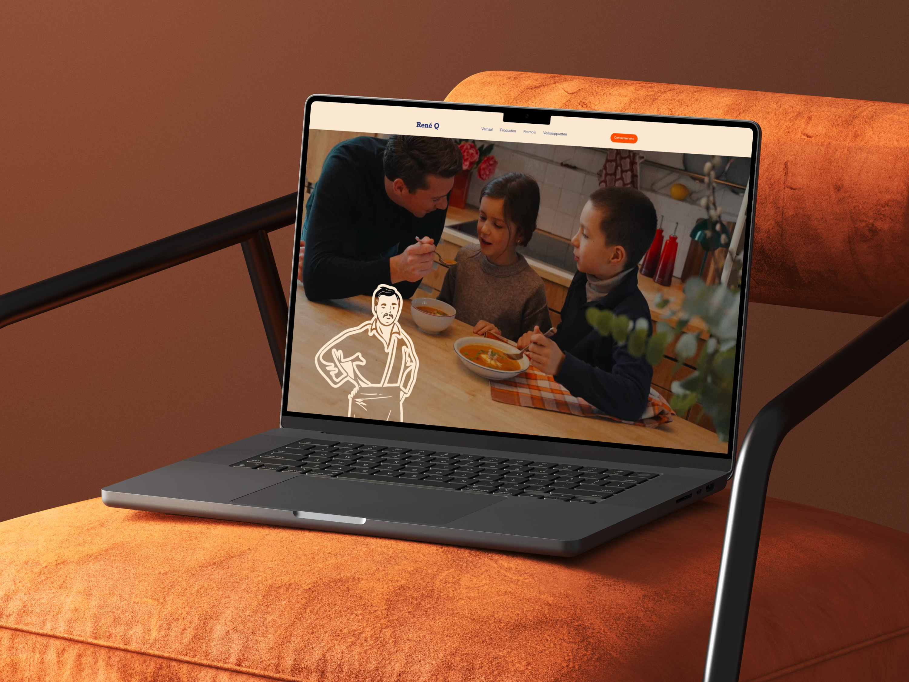 Laptop on an orange armchair displaying a webpage of a family eating soup, overlaid with a white outline of a man.