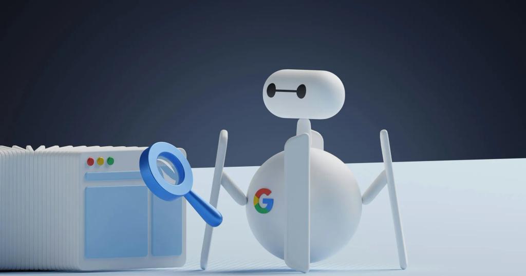 A white, Baymax-like robot with a Google "G" logo holds a magnifying glass near a web browser window.
