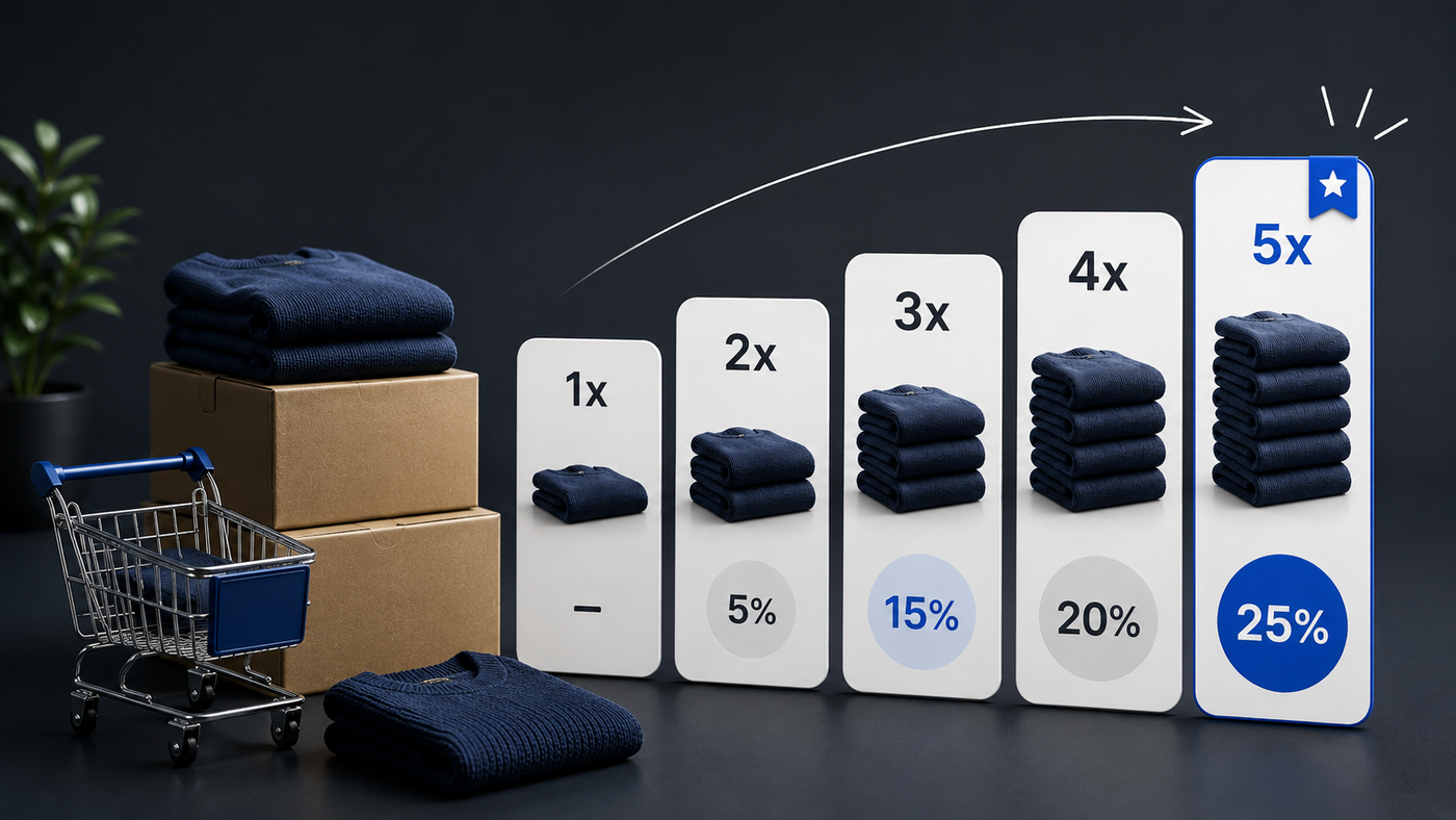 Visuelle Mengenrabatt-Staffel mit Multipacks von einem bis fünf Produkten und steigenden Rabatten