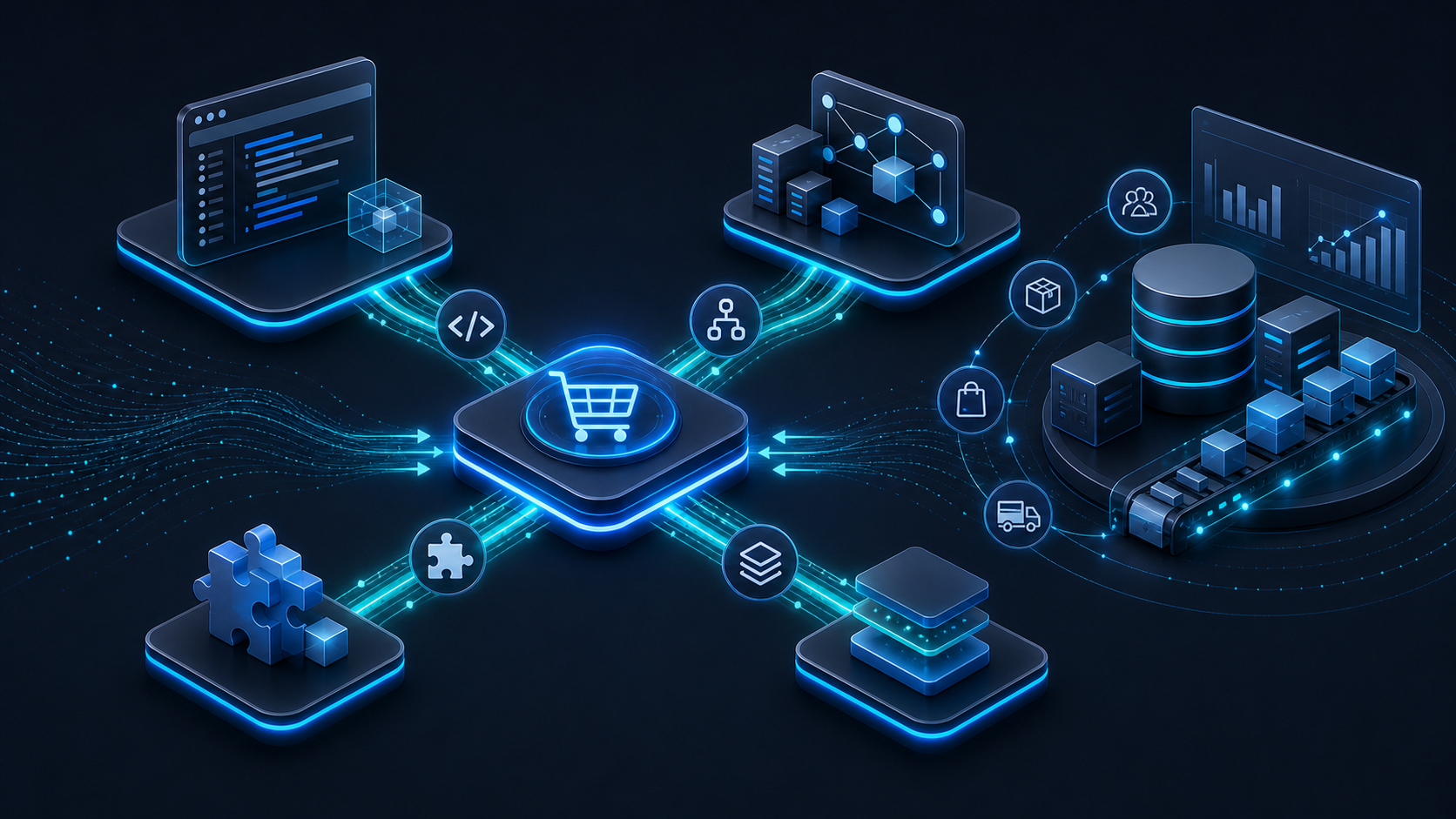 Shopware connected to ERP systems through API, middleware, plugin, and Shopware Nexus.