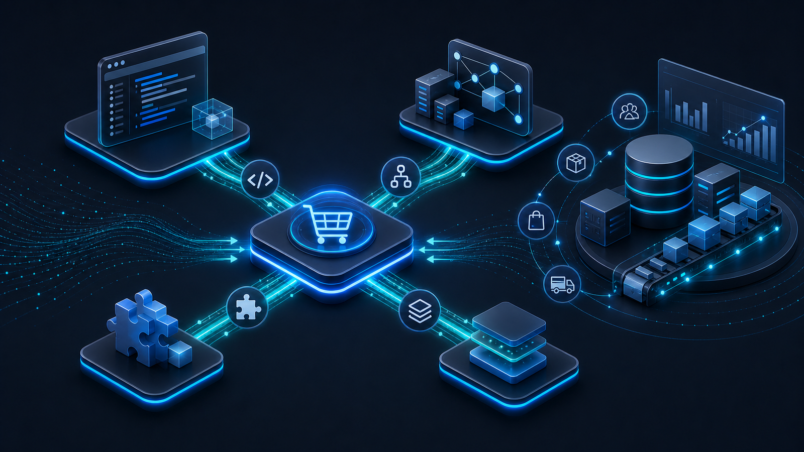 Shopware connected to ERP systems through API, middleware, plugin, and Shopware Nexus.
