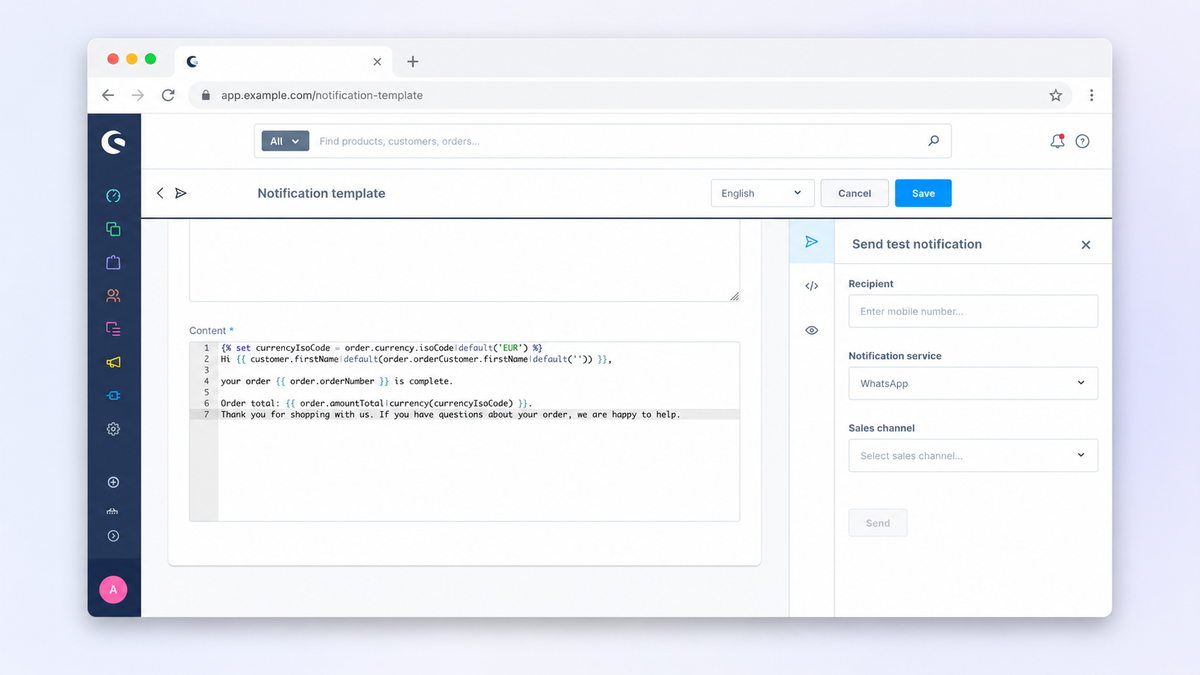 Screenshot of an e-commerce admin area with an open notification template. On the left, a text editor with a message template and placeholders for order data is shown. On the right, there is a section for sending a test notification with fields for recipient, notification service, and sales channel.