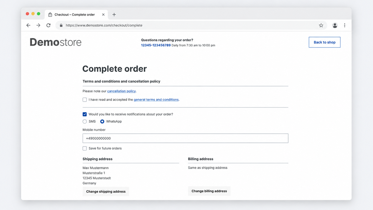 Checkout page of an online shop in the browser. In the 'Complete order' section, an activated option for order notifications is shown, with a choice between SMS and WhatsApp as well as an input field for the mobile number.