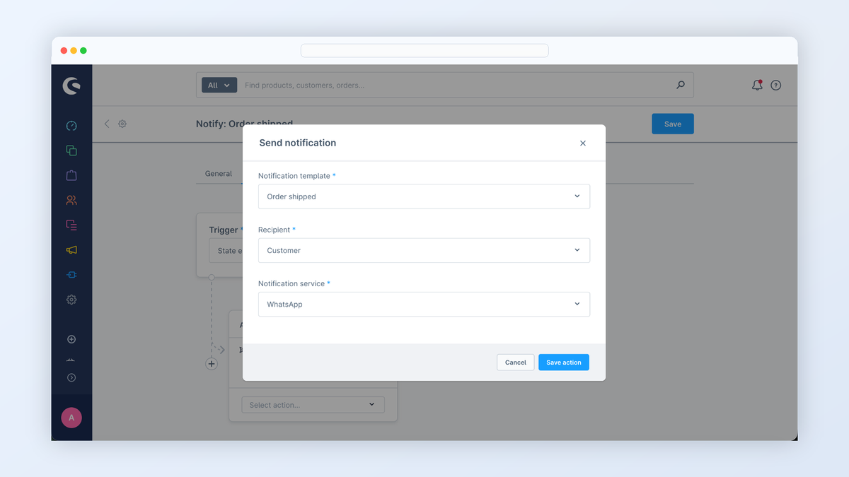 Screenshot of an e-commerce admin Flow Builder with an open configuration window for sending a notification. The dialog shows dropdown fields for notification template, recipient, and notification service."