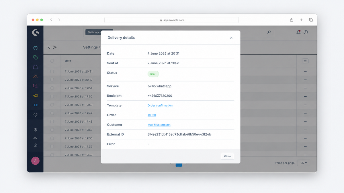 Screenshot of an e-commerce admin dashboard with an open dialog for delivery details. The dialog shows date, dispatch time, status, shipping service, recipient, template, order number, customer, external ID, and error status for a sent WhatsApp notification.