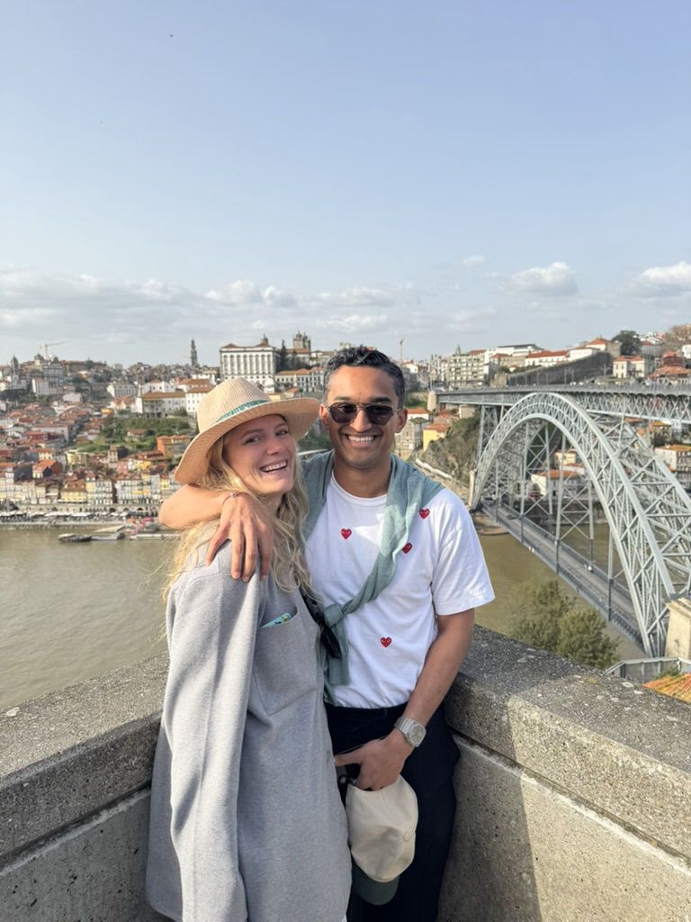 Daniel and Alex in front of the Dom Luis I Bridge in Porto