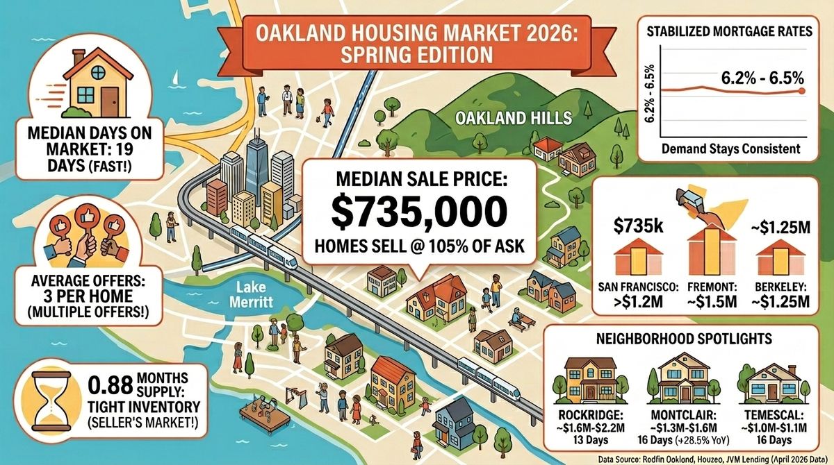 Oakland Housing Market 2026: $735K Median, Homes Selling at 105% of Ask