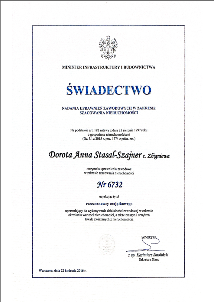 Świadectwo uzyskania uprawnień rzeczoznawcy majątkowego