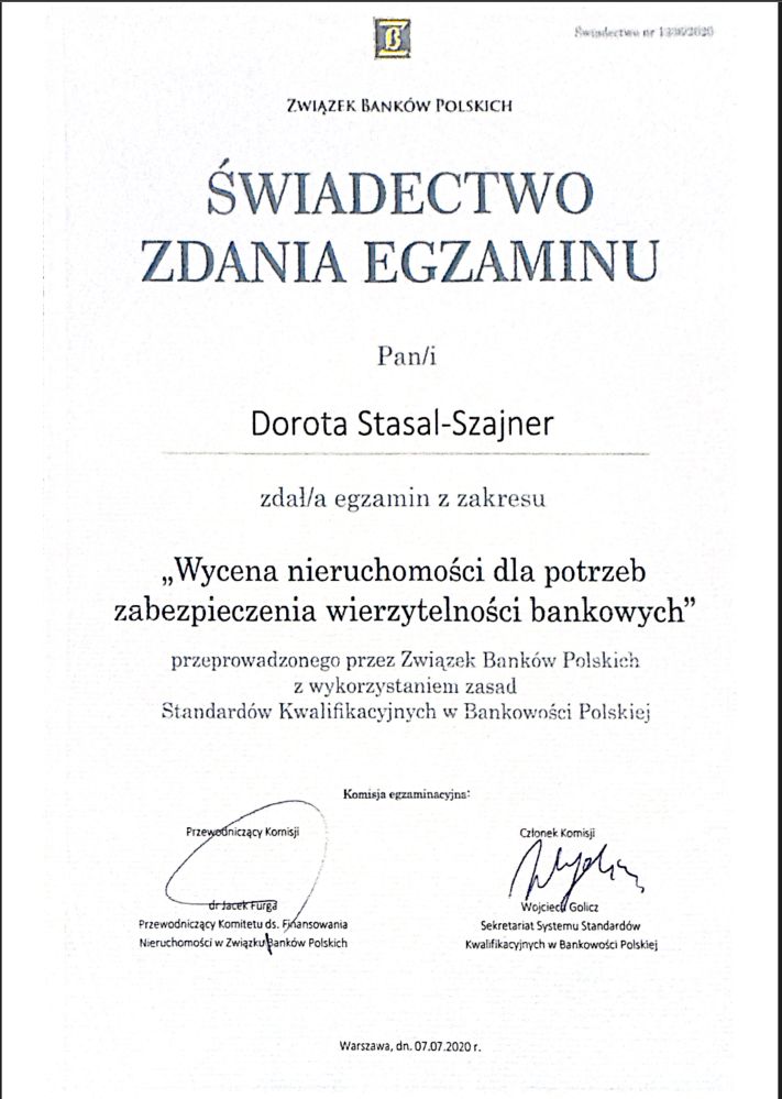 Świadectwo zdania egzaminu Wycena nieruchomości dla potrzeb zabezpieczenia wierzytelności hipotecznej