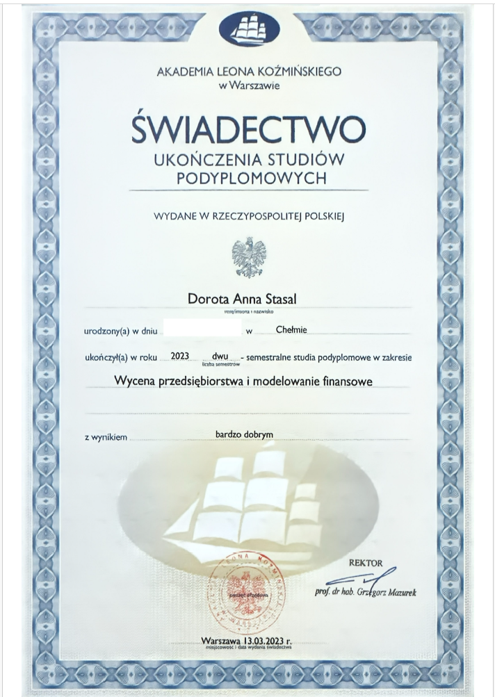 Świadectwo ukończenia studiów podyplomowych Wycena przedsiębiorstw i modelowanie finansowe