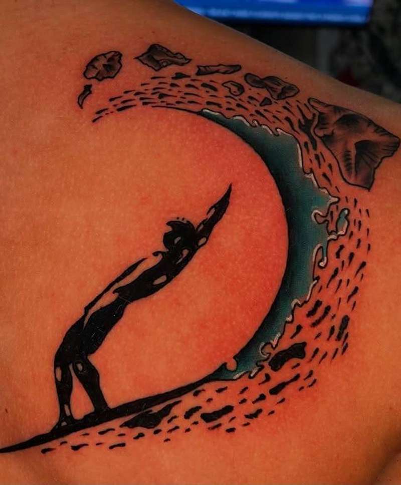 Blackwork with color surfer wave tattoo on upper back