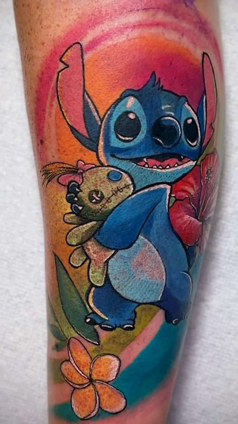 colorful cartoon tattoo on a calf