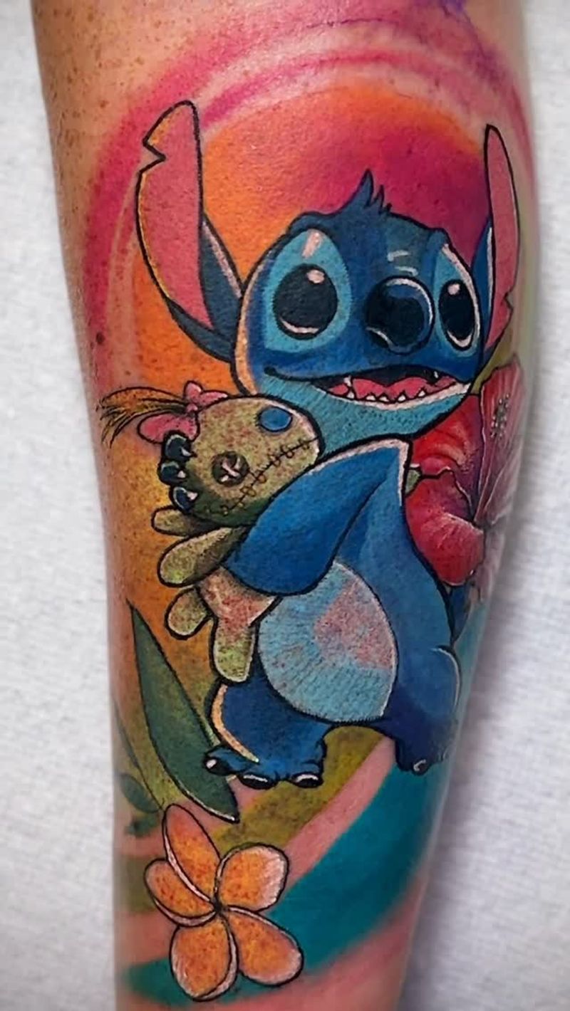 Colorful cartoon character tattoo on calf with flowers