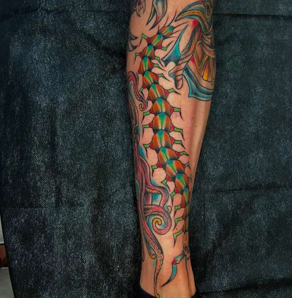 Colorful neo traditional centipede tattoo on calf