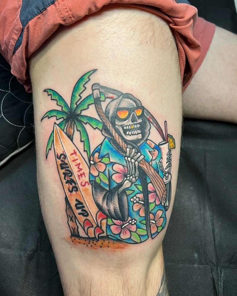 Colorful neo-traditional grim reaper with surfboard on thigh