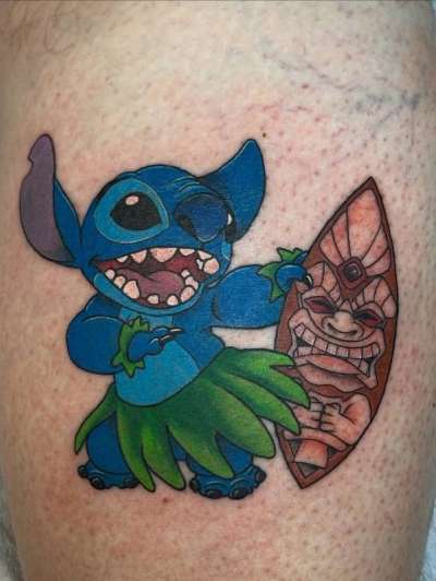 Stitch Colorful cartoon character tattoo on thigh