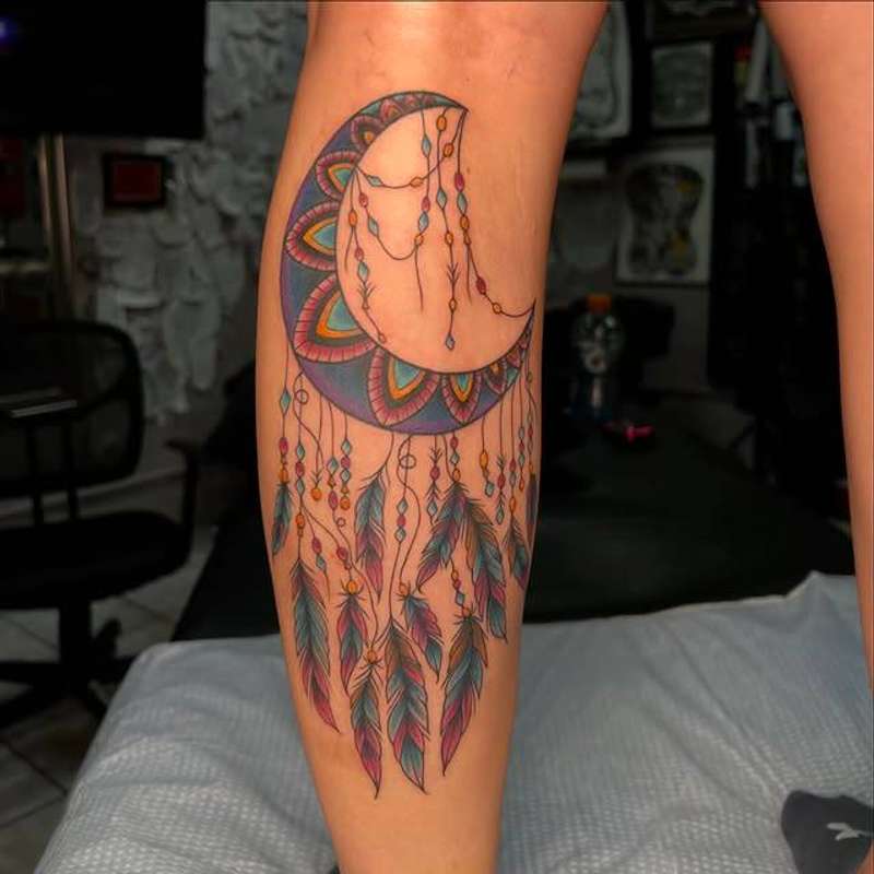 Colorful geometric crescent moon tattoo on calf