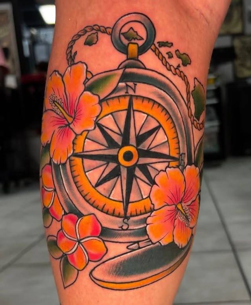 Colorful neo traditional compass with flowers on forearm