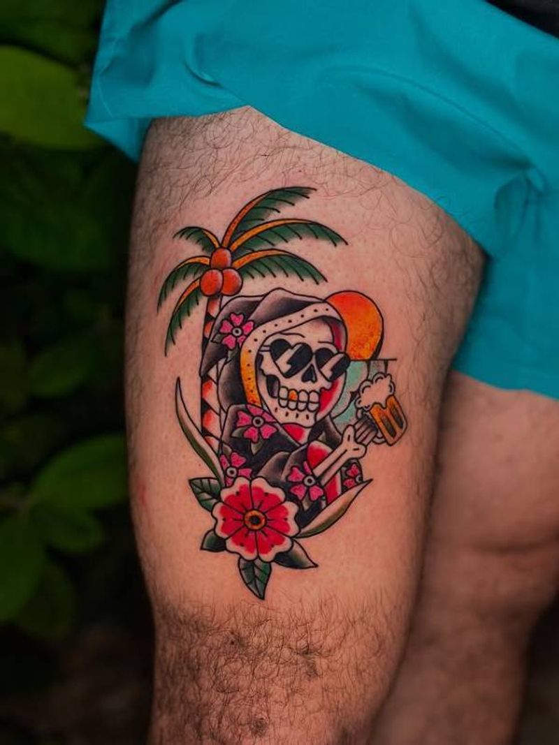 Colorful grim reaper tropical scene on thigh