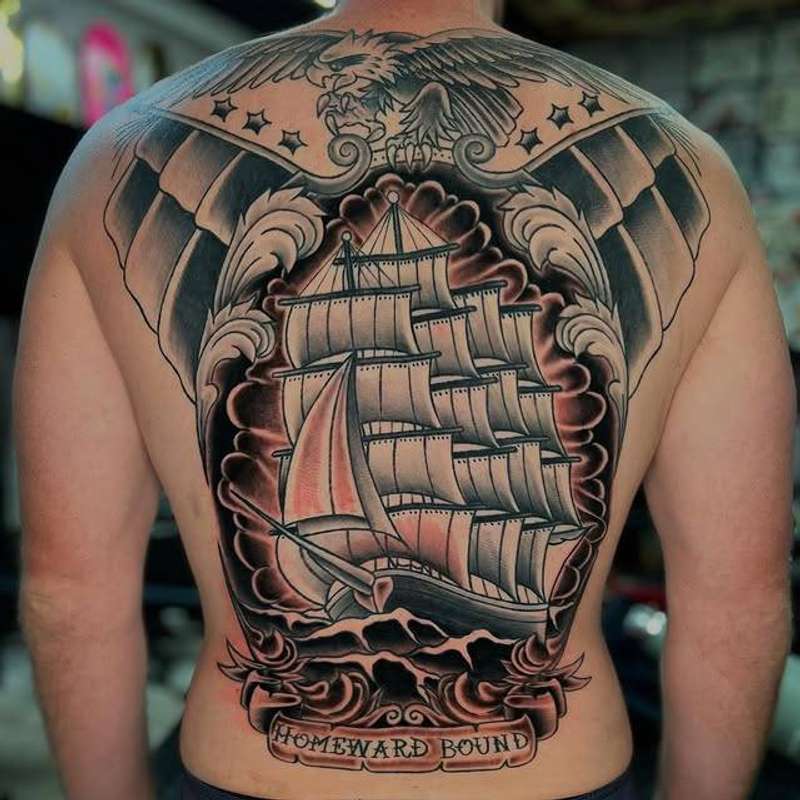 Traditional color ship and eagle tattoo covering the full back