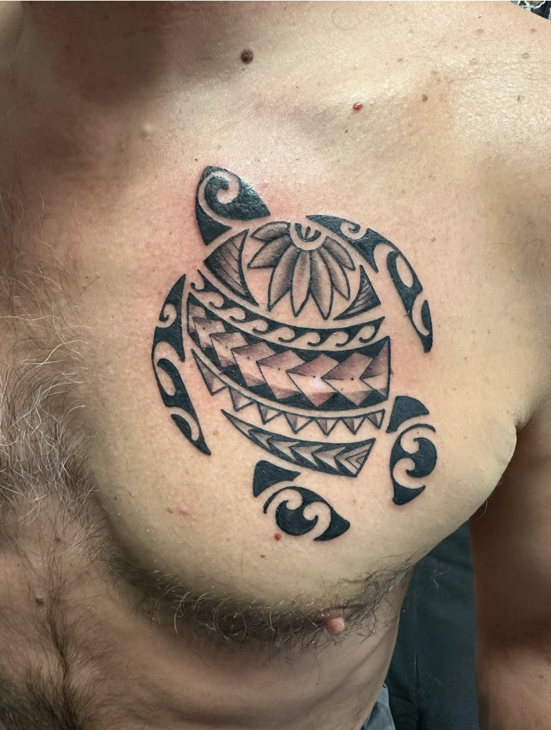 Blackwork tribal turtle tattoo on the chest