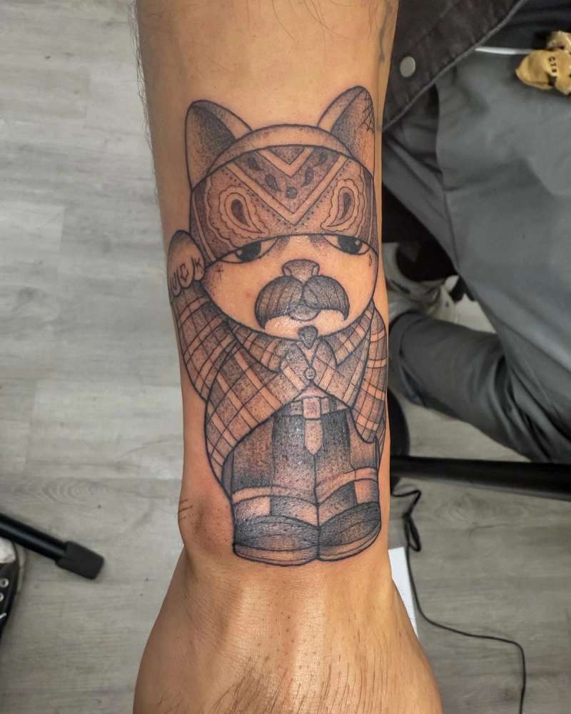 Blackwork illustrative bear character tattoo on forearm