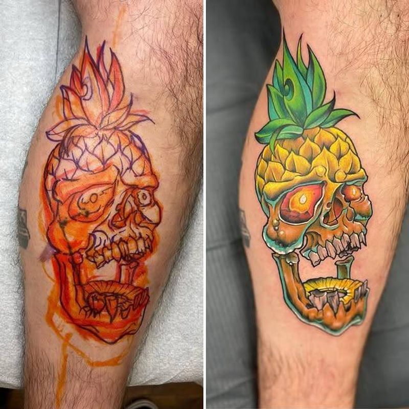 colorful pineapple skull tattoo on calf