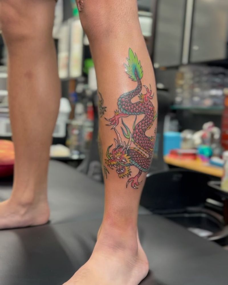 Colorful Japanese dragon tattoo on calf