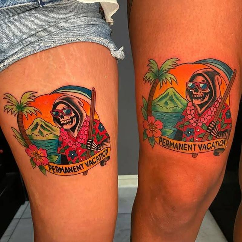 colorful traditional grim reaper tattoo on thigh