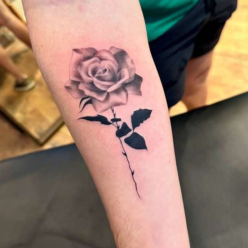 Black and grey realistic rose tattoo on forearm