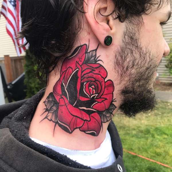 rose tattoo on neck with bold colors