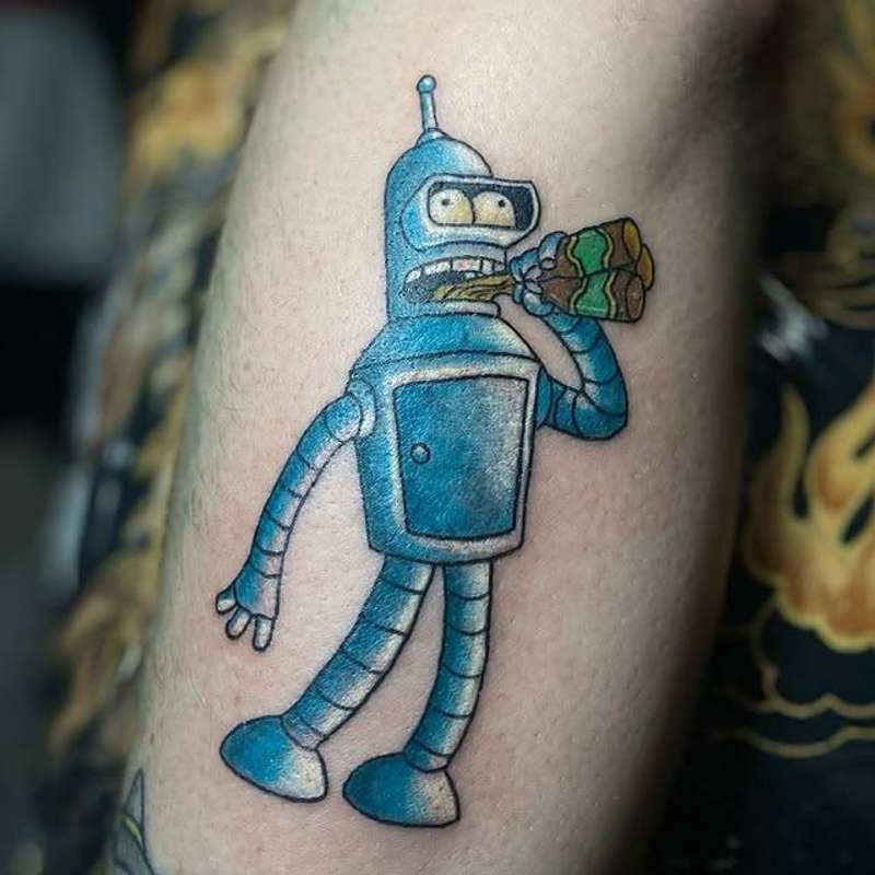 colorful robot tattoo on forearm