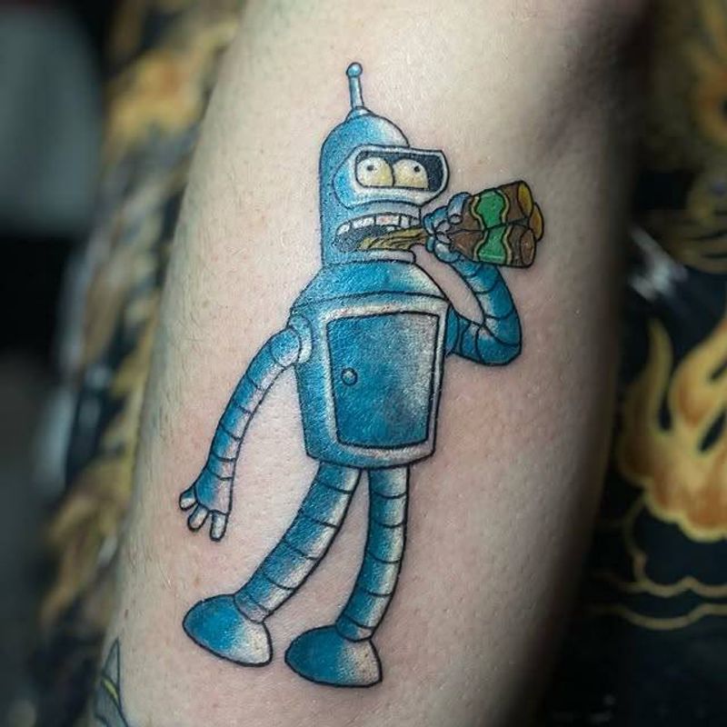 colorful robot tattoo on forearm