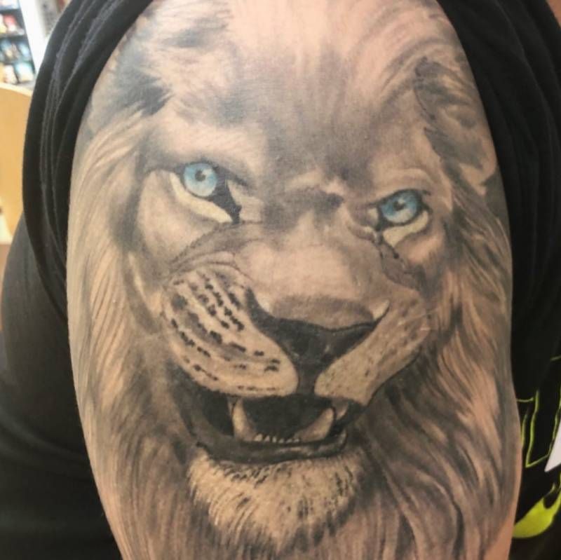 realistic lion tattoo on upper arm