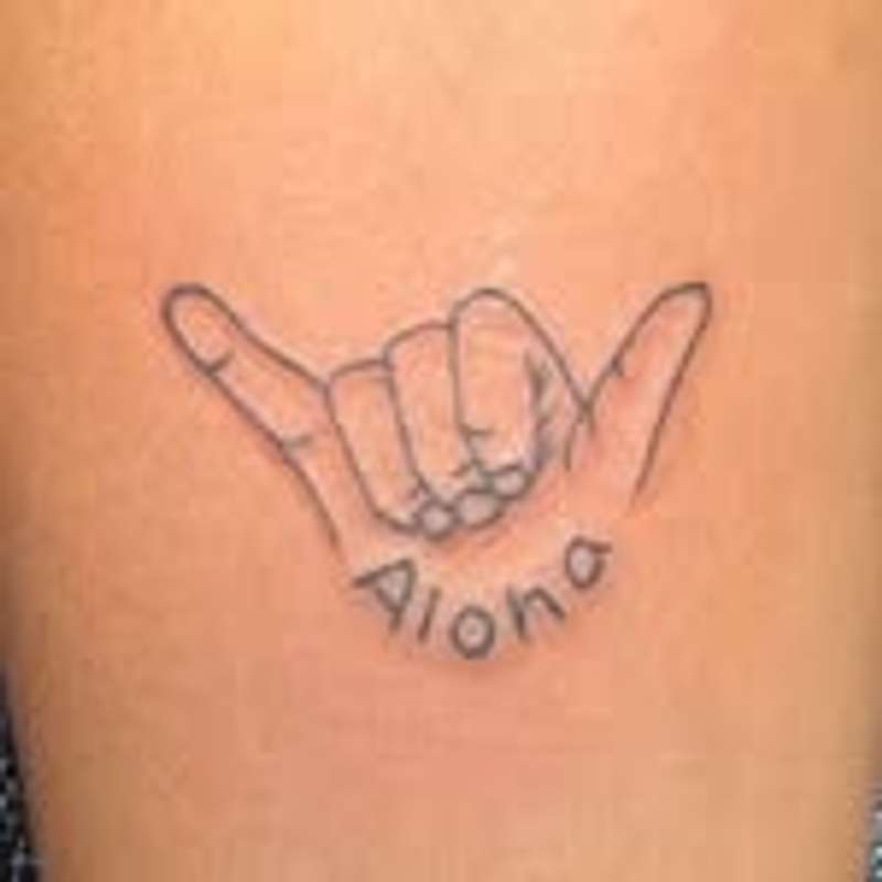 minimalist hand gesture tattoo with aloha lettering