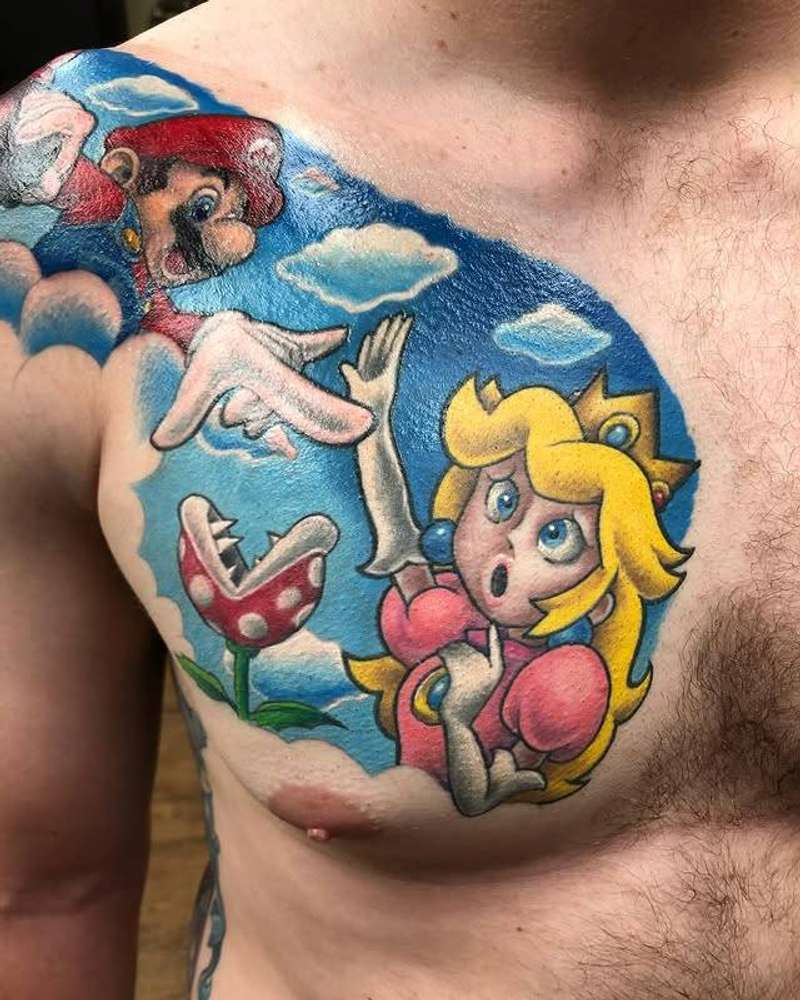 colorful mario themed tattoo on chest