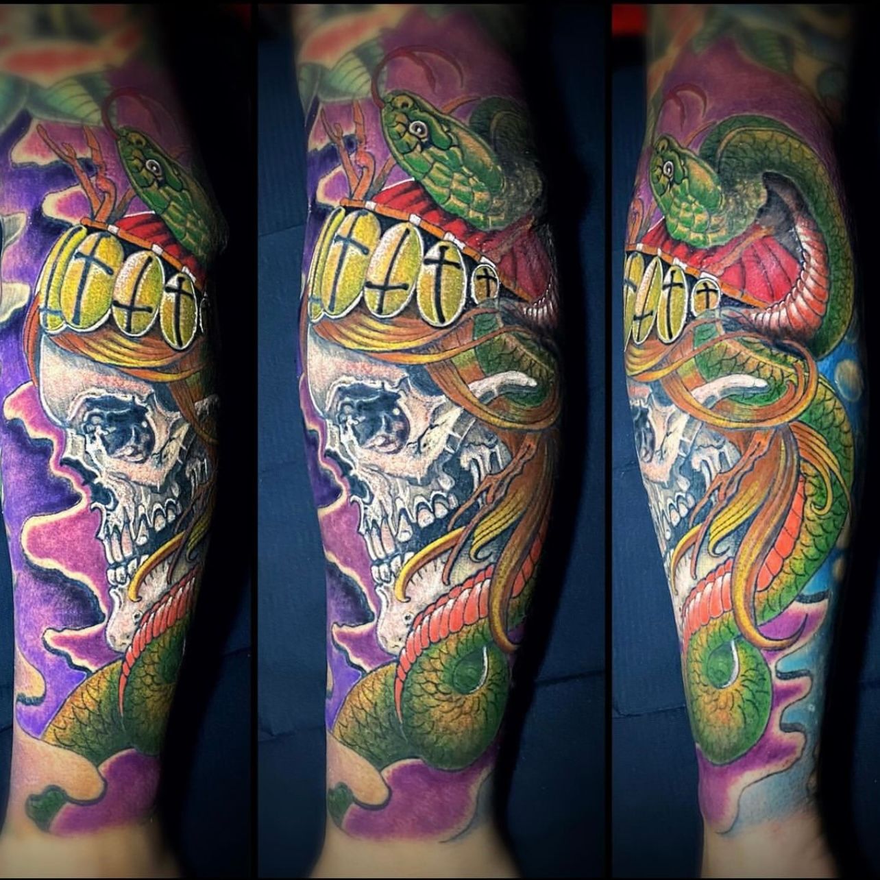Colorful Neo Traditional snake and skull tattoo on forearm