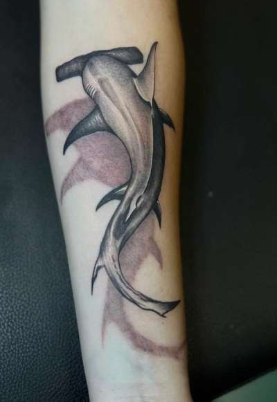 Black and grey realistic hammerhead shark tattoo on forearm