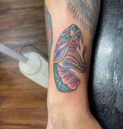 Colorful Japanese snake tattoo on forearm