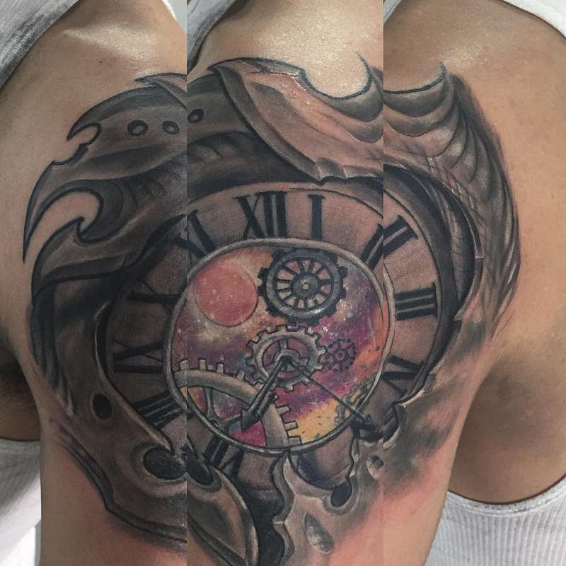 Colorful illustrative clock with gears on the shoulder