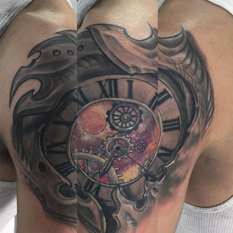 Colorful illustrative clock with gears on the shoulder