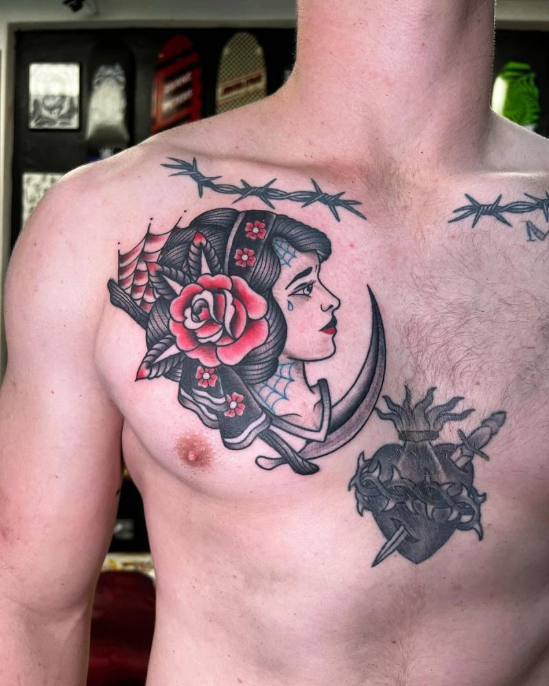 Colorful neo traditional woman with rose on chest