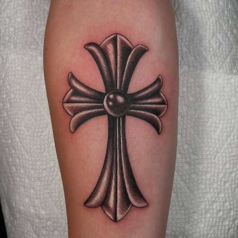 Black and grey realistic cross tattoo on forearm
