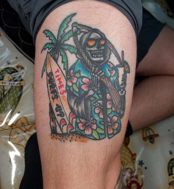 Colorful Grim Reaper with surfboard tattoo on thigh